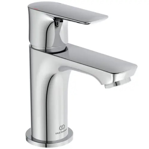 Kromfarbener Wasserhahn von Ideal Standard mit einer geraden Armatur und einem flachen Auslauf, ausgestattet mit einem Hebel zur Temperatur- und Mengenregelung.